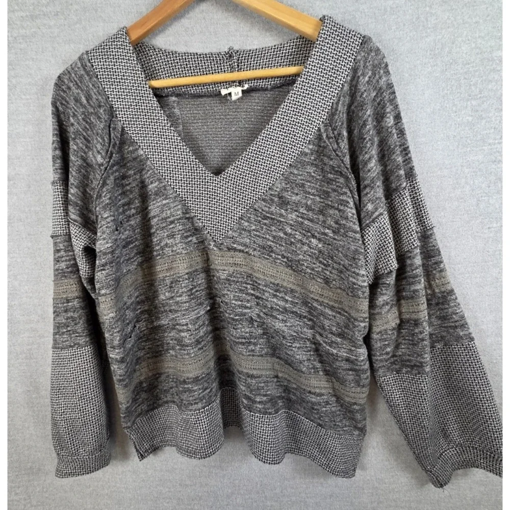 POL Sweater M Gray Oversized Knit Pullover Textured V Neck Boho Retro Y2K Preppy
